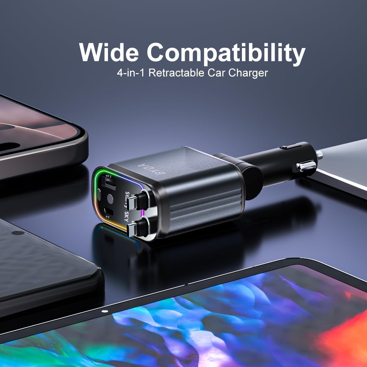 4 in 1 Retractable Car Charger with Starry Light,69W USB-C Fast Car Charger, for Iphone 17/16/15/14/13/12/11, Android,Pixel,Cigarette Lighter Charger (For Lightning+Usb-C)