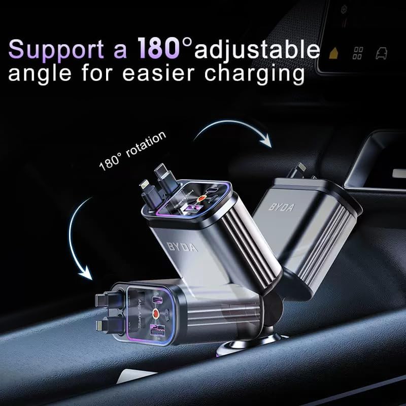 4 in 1 Retractable Car Charger with Starry Light,69W USB-C Fast Car Charger, for Iphone 17/16/15/14/13/12/11, Android,Pixel,Cigarette Lighter Charger (For Lightning+Usb-C)