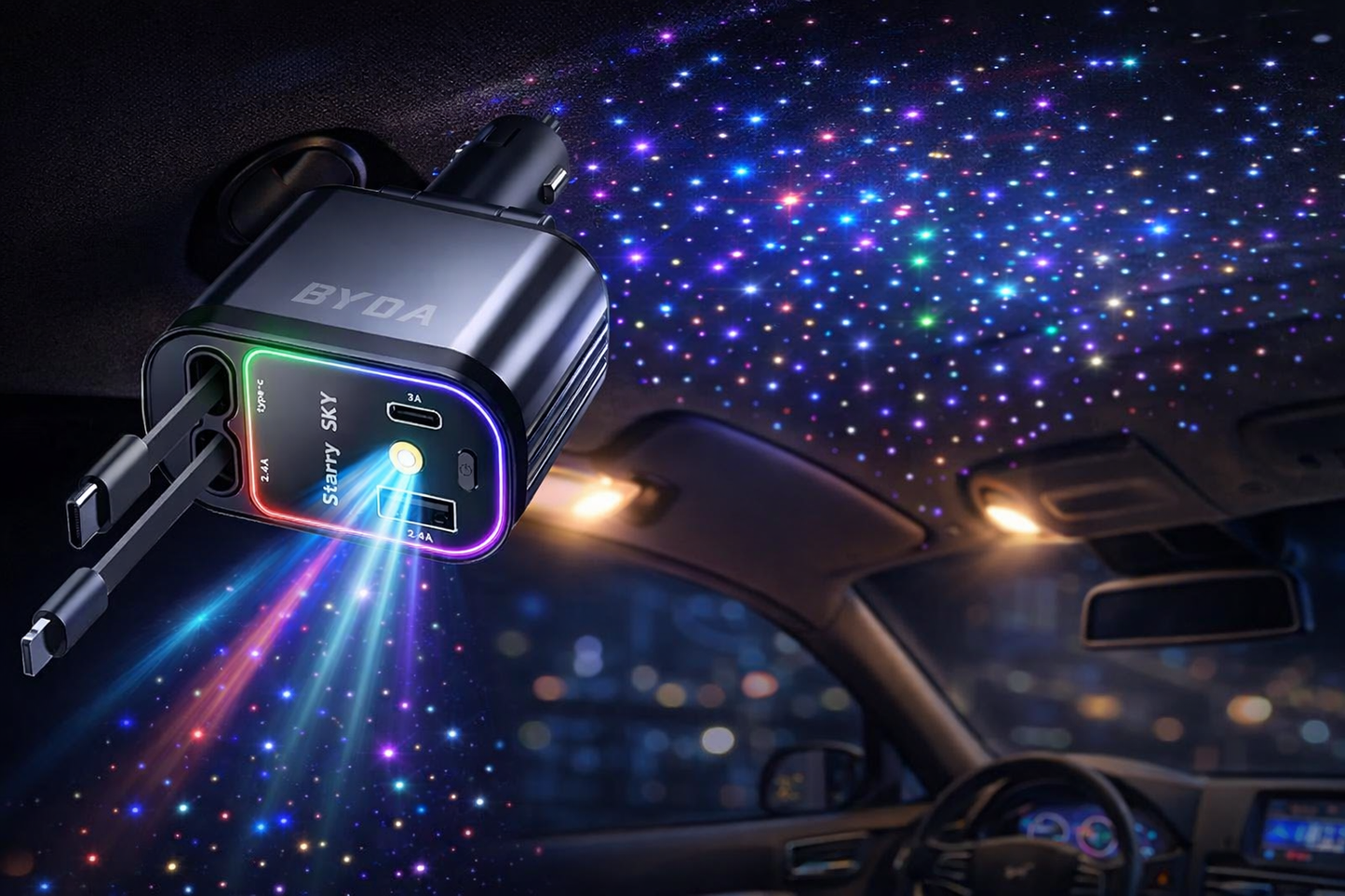 4-in-1 Retractable Car Charger with Starry Roof Light – 69W Fast Charging (USB-C & Lightning)