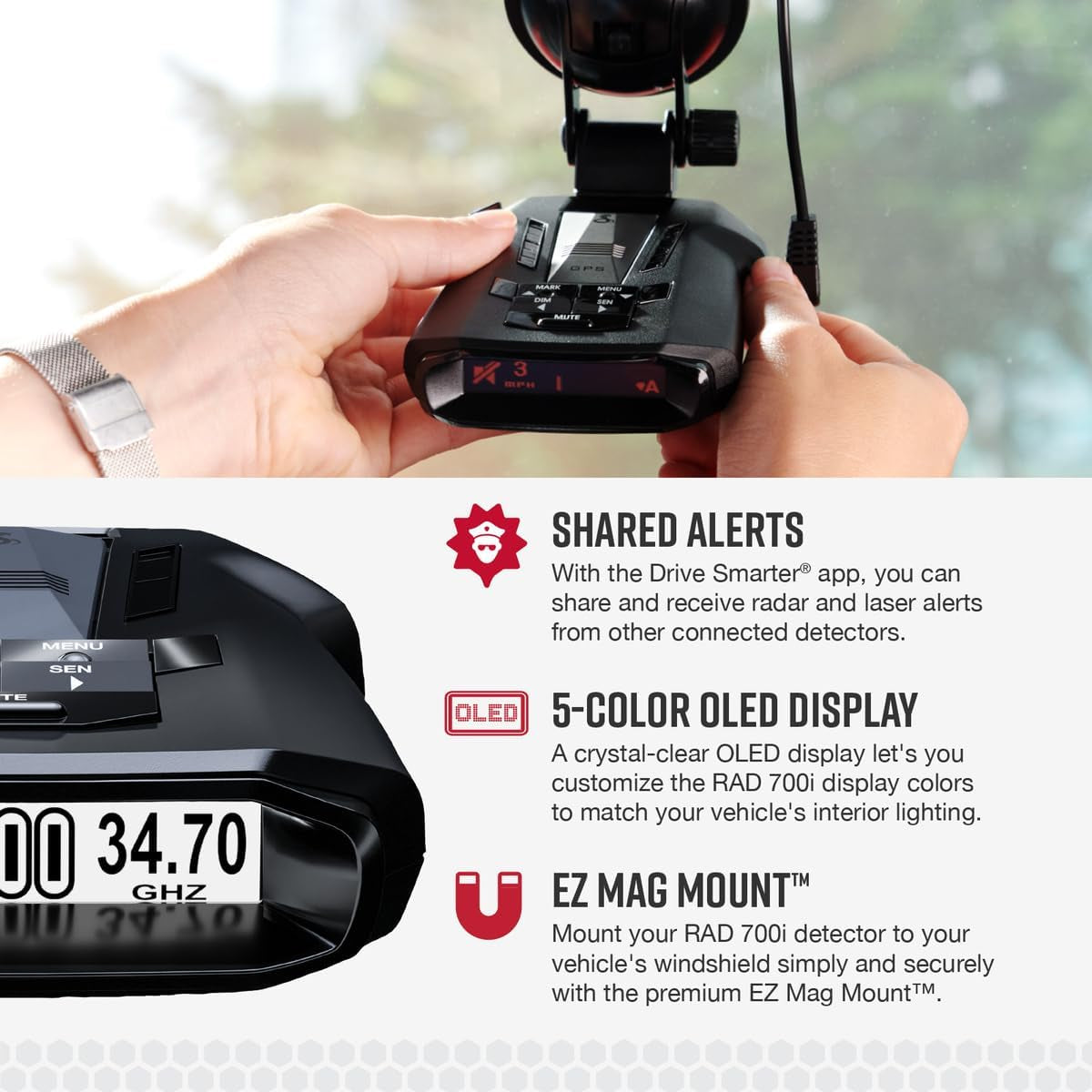 RAD 700I Laser Radar Detector - Premium Detection Range, Autolearn Intelligence, Advanced Filtering Software, Apple Carplay and Android Auto Compatible, Laser Eye Front and Rear Detection
